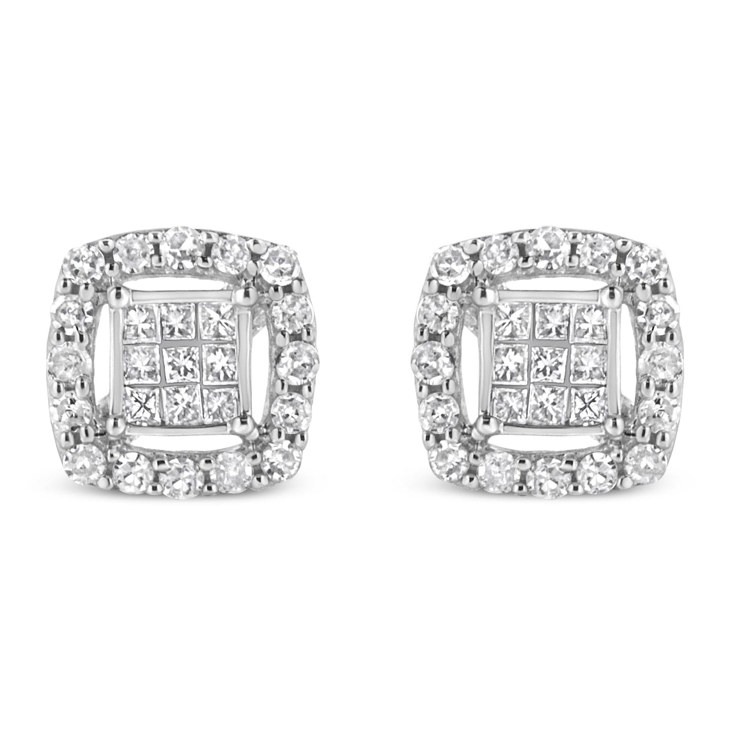 .925 Sterling Silver 1/2 Cttw Round and Princess-Cut Diamond Stud Earrings (I-J Color, I1-I2 Clarity)-0