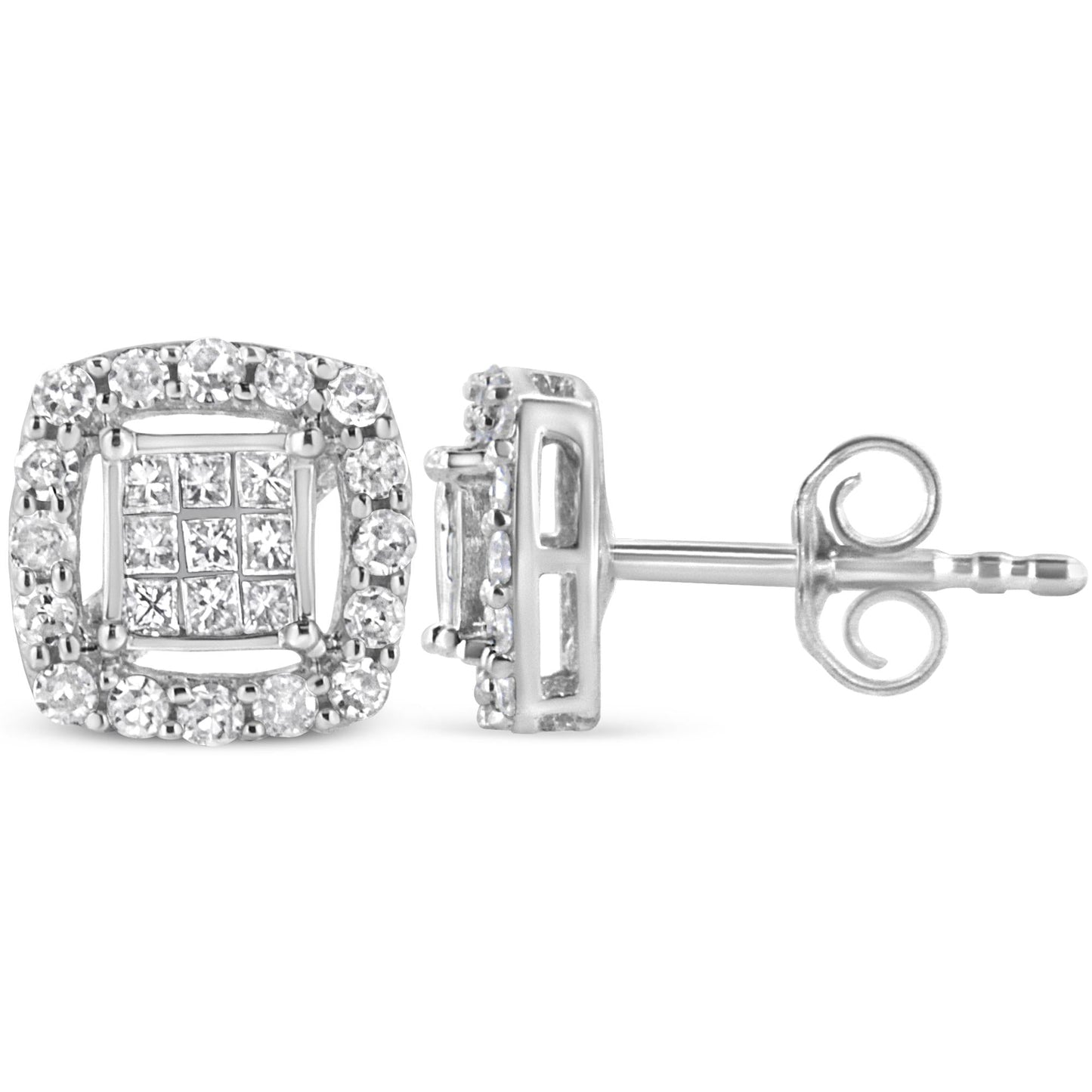 .925 Sterling Silver 1/2 Cttw Round and Princess-Cut Diamond Stud Earrings (I-J Color, I1-I2 Clarity)-1