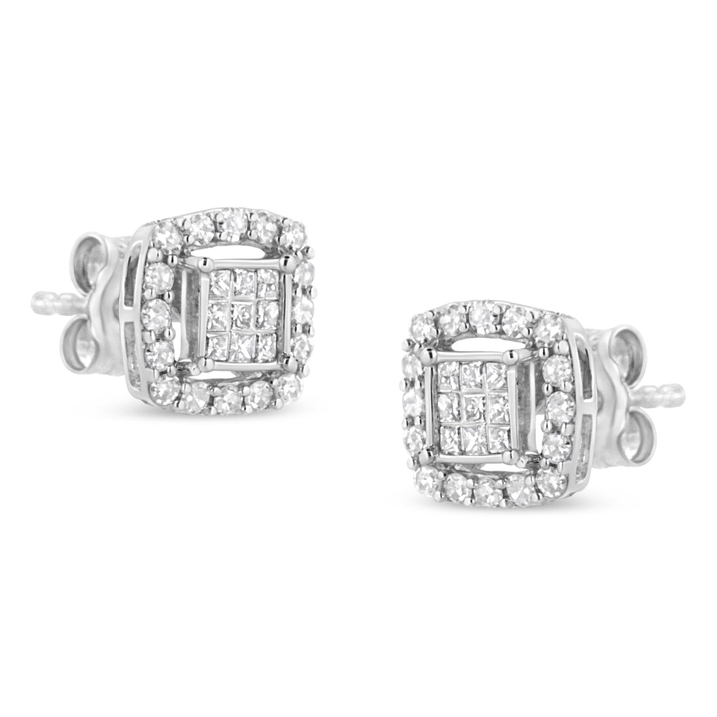 .925 Sterling Silver 1/2 Cttw Round and Princess-Cut Diamond Stud Earrings (I-J Color, I1-I2 Clarity)-2