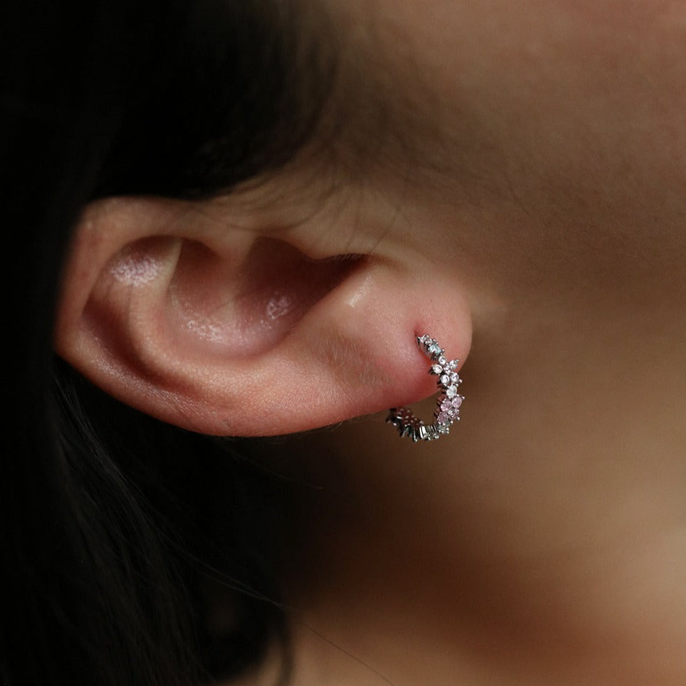 Rose quartz flower semi-hoop earrings-4