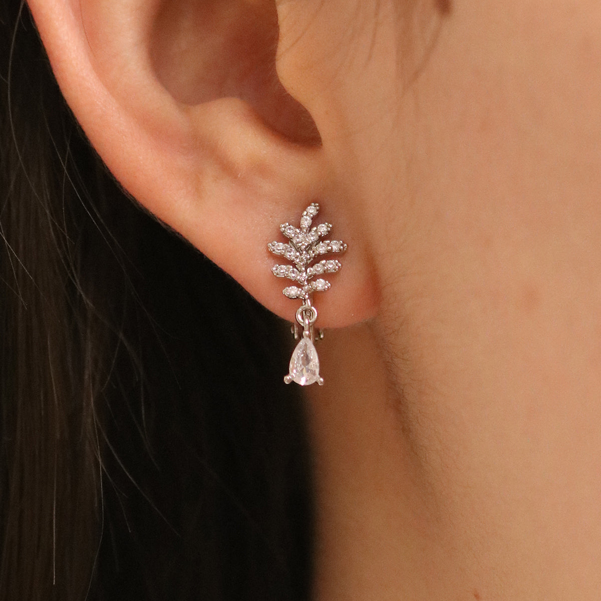 Cubic Leaf Clip On Earrings-2