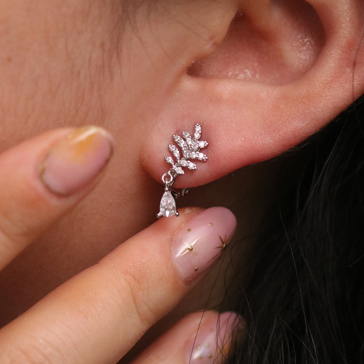 Cubic Leaf Clip On Earrings-4