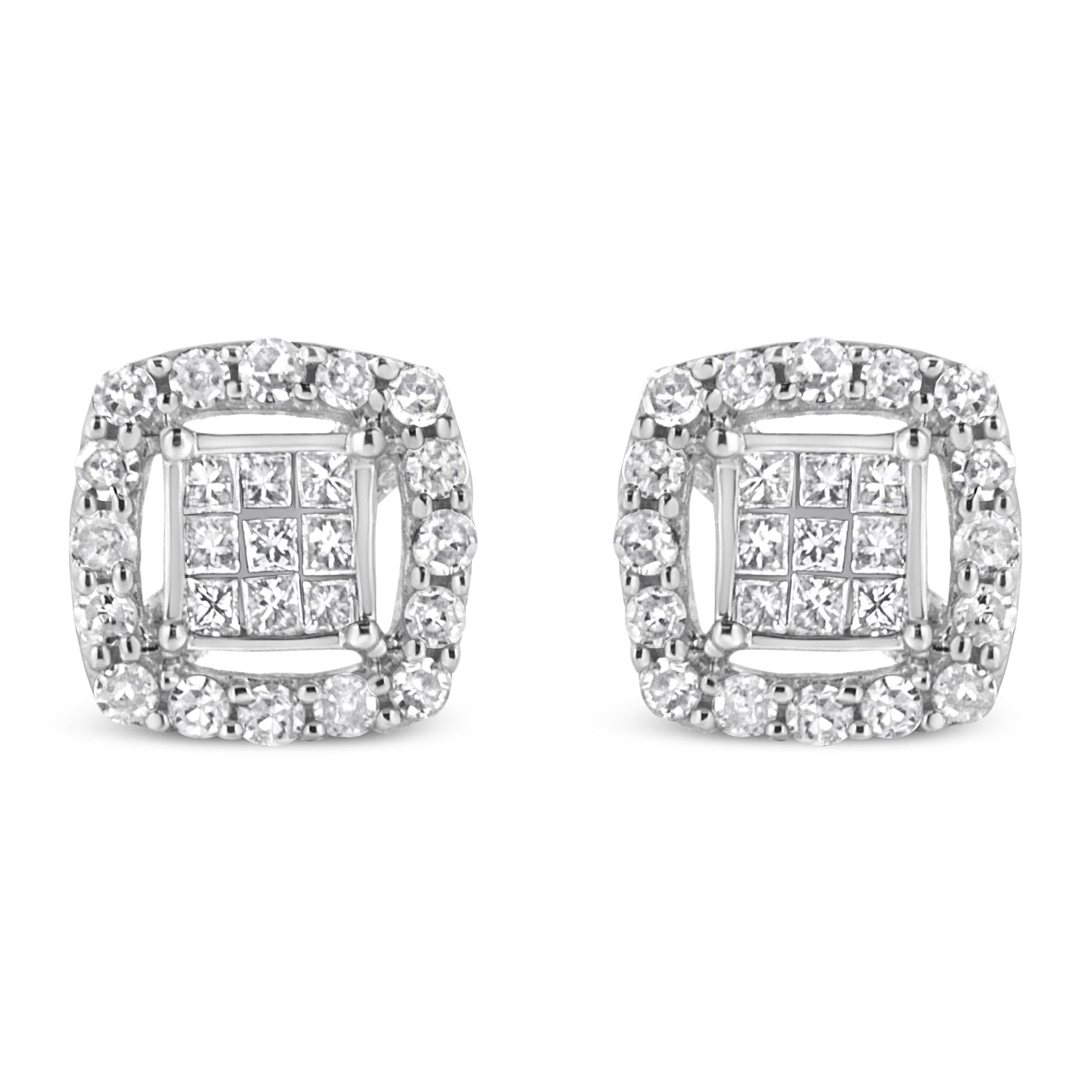 .925 Sterling Silver 1/2 Cttw Round and Princess-Cut Diamond Stud Earrings (I-J Color, I1-I2 Clarity)-0