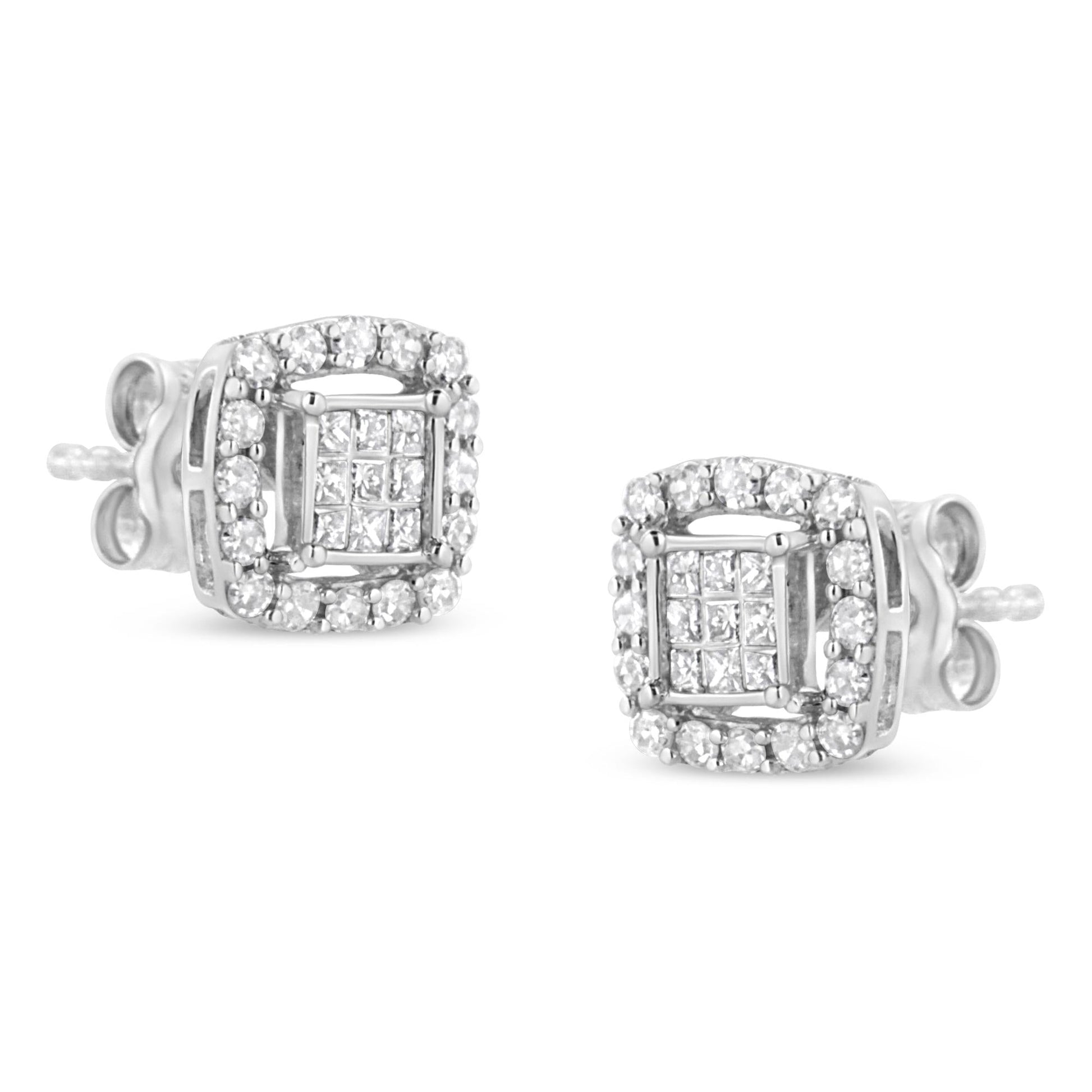 .925 Sterling Silver 1/2 Cttw Round and Princess-Cut Diamond Stud Earrings (I-J Color, I1-I2 Clarity)-2