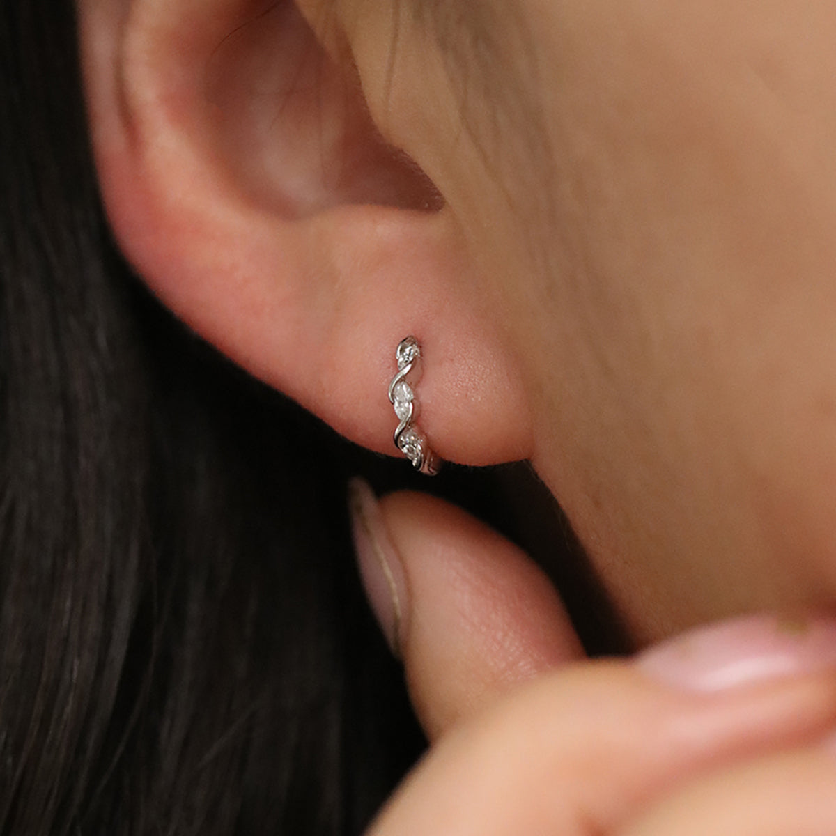White Topaz Twirl Huggie Earrings-4