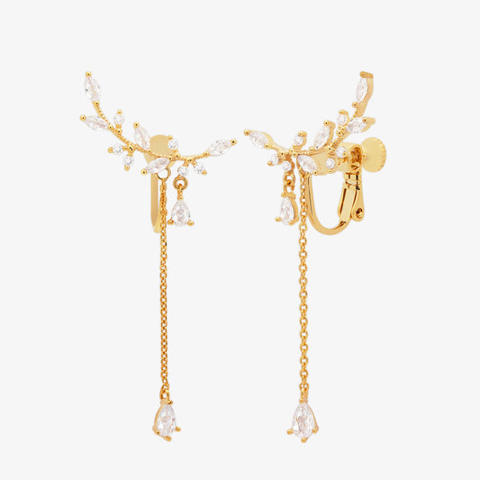 Cubic Leaf Drop Clip On Earrings-0